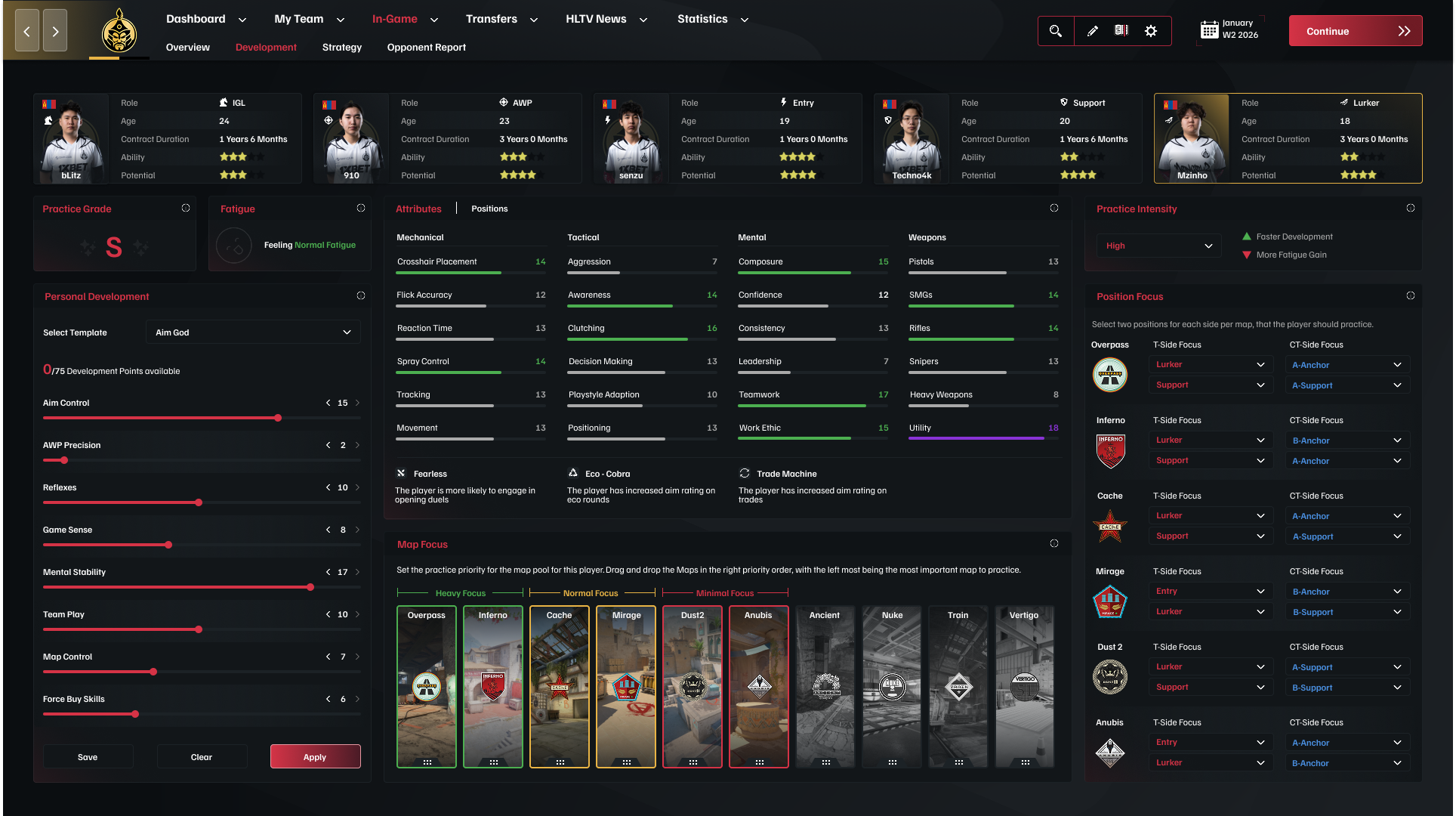 Player development system with training regimens and skill progression for esports players